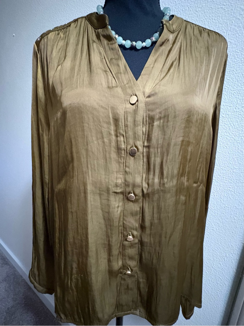 Philosophy Olive Green Satin Button-Front Blouse